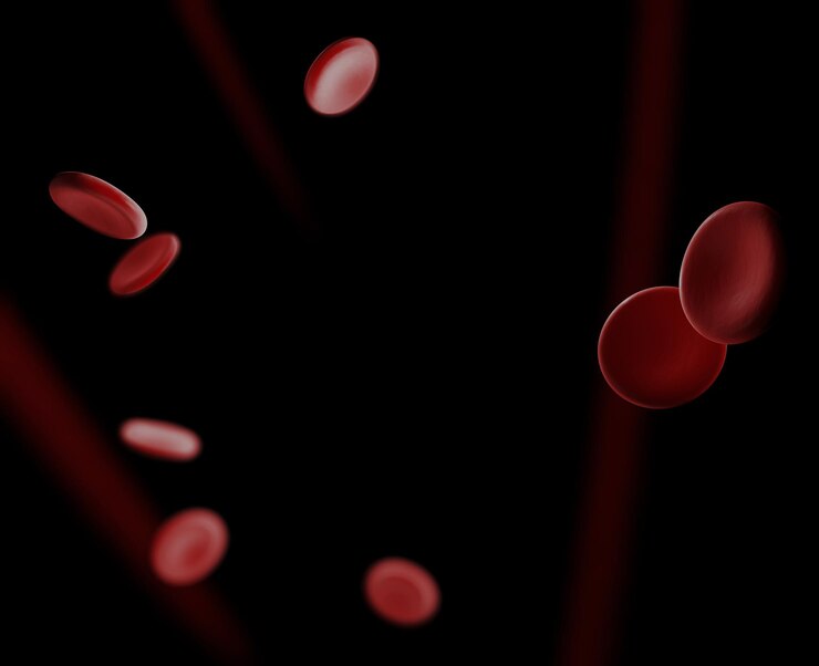 Red blood cells are floating on black background