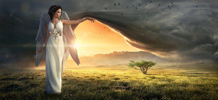 Angel In White Dress Lifting The Dark Sky To Show The Sun