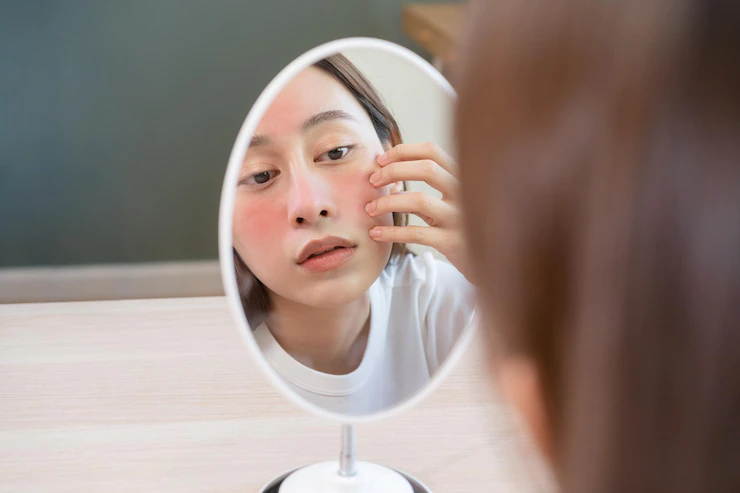 A girl with facial rashes is looking into a mirror