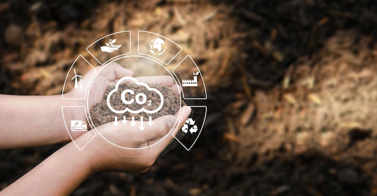 The concept of co2 emissions in the hands of planting soil