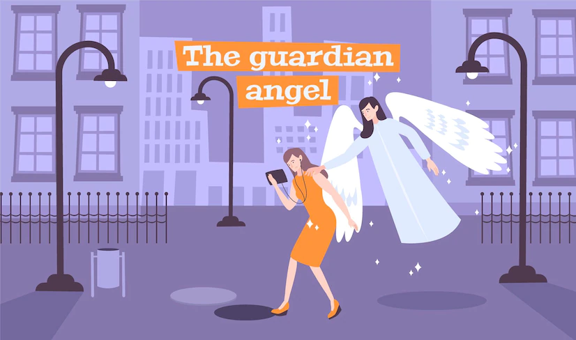 Visual description of a woman walking while guardian angel is following her