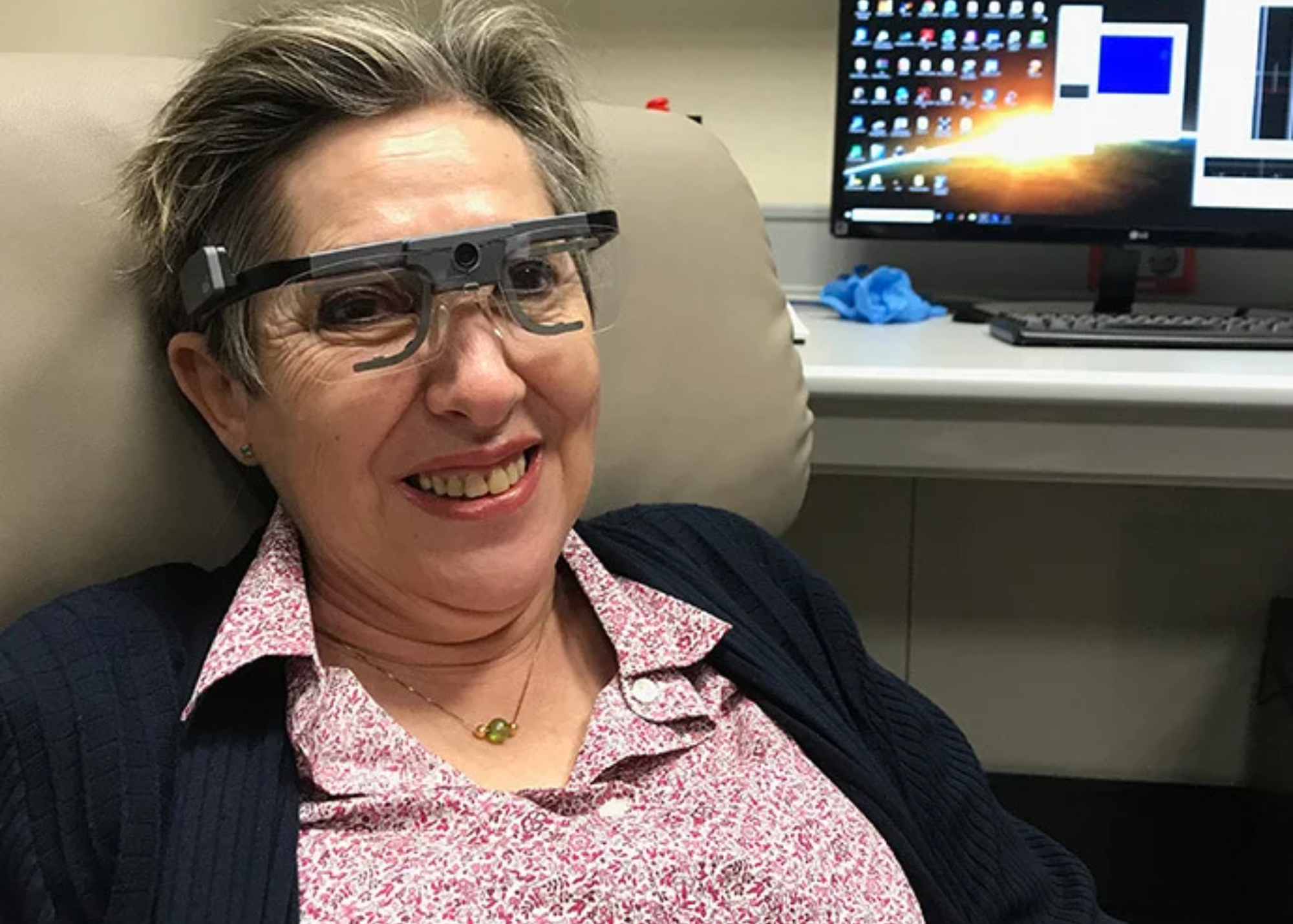 Berna Gómez, a former science teacher who has been blind for 16 years is wearing a specialized eyewear