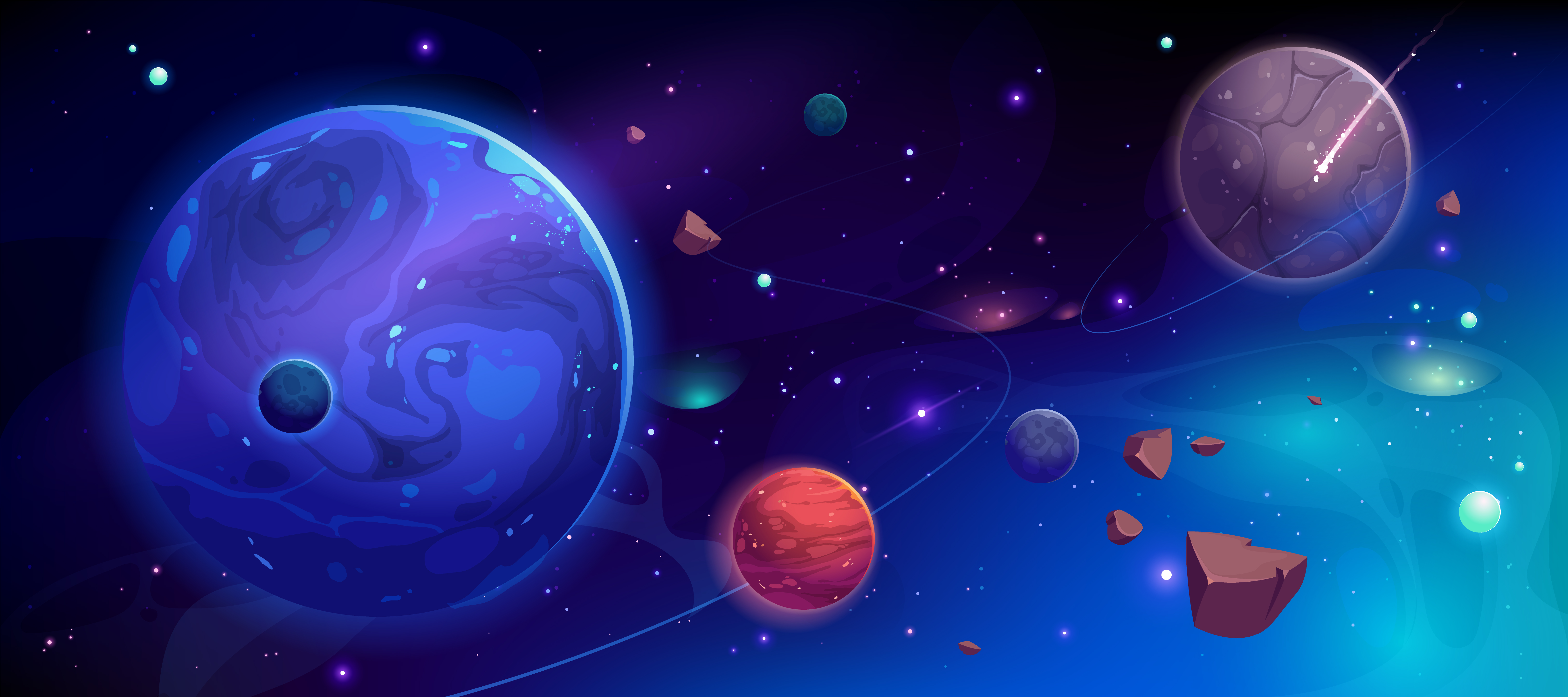Visual illustration of planets in outer space with satellites and meteors