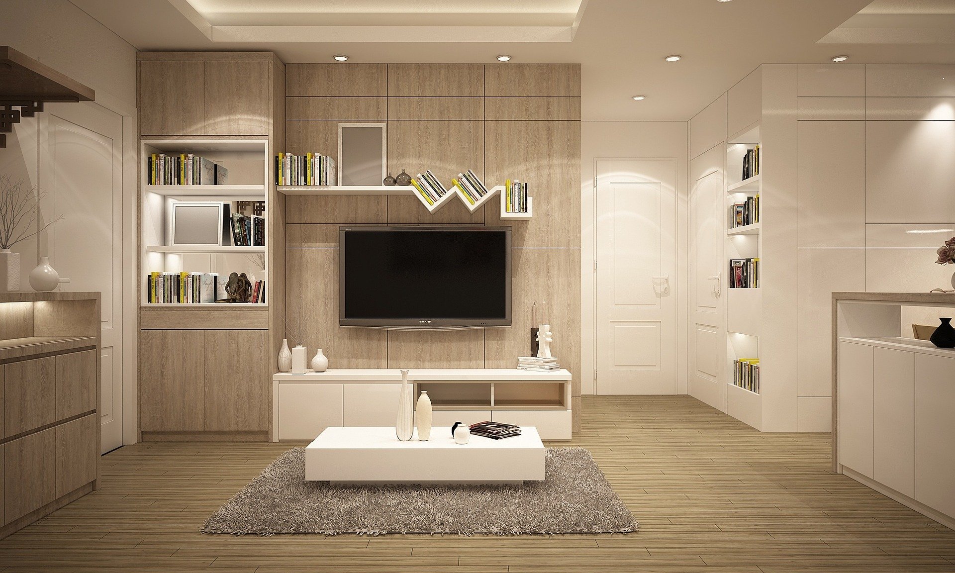 Minimalist entertainment room with a big TV, DVDs and books