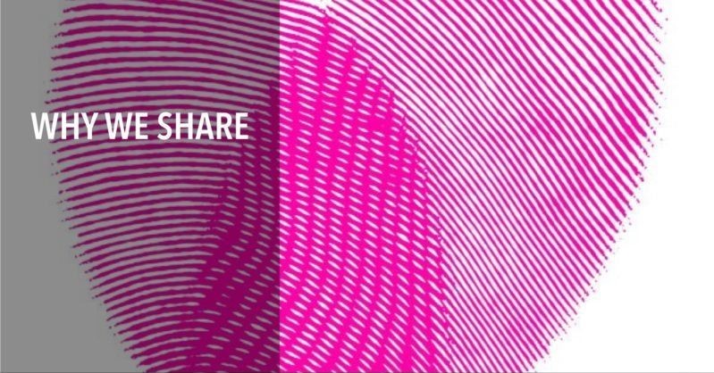 Words 'Why we share' and pink background