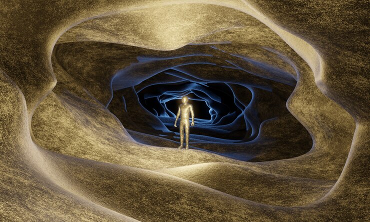 Visual illustration of a man in an alien cave