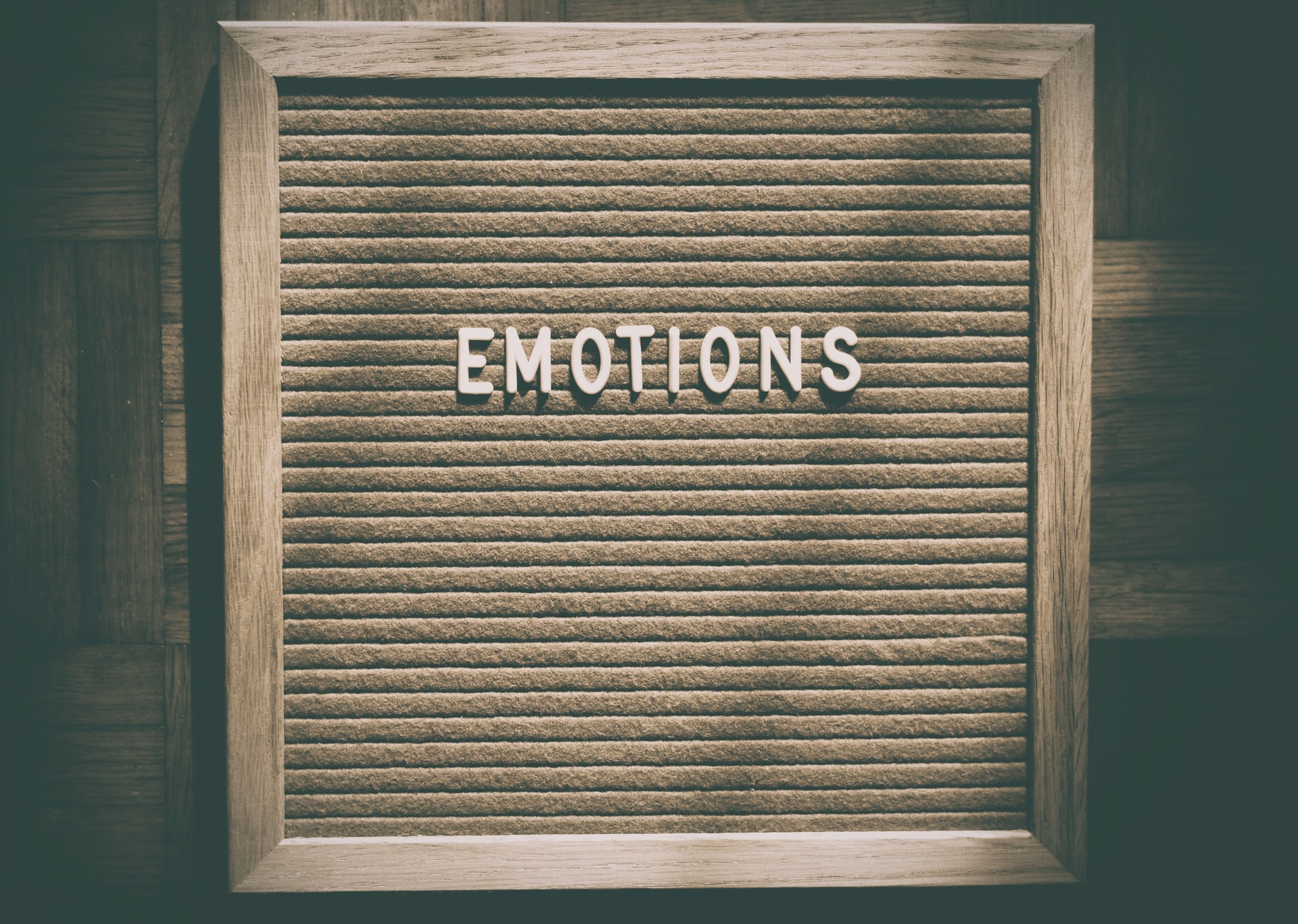 The word "emotions" written in white on a wooden platform
