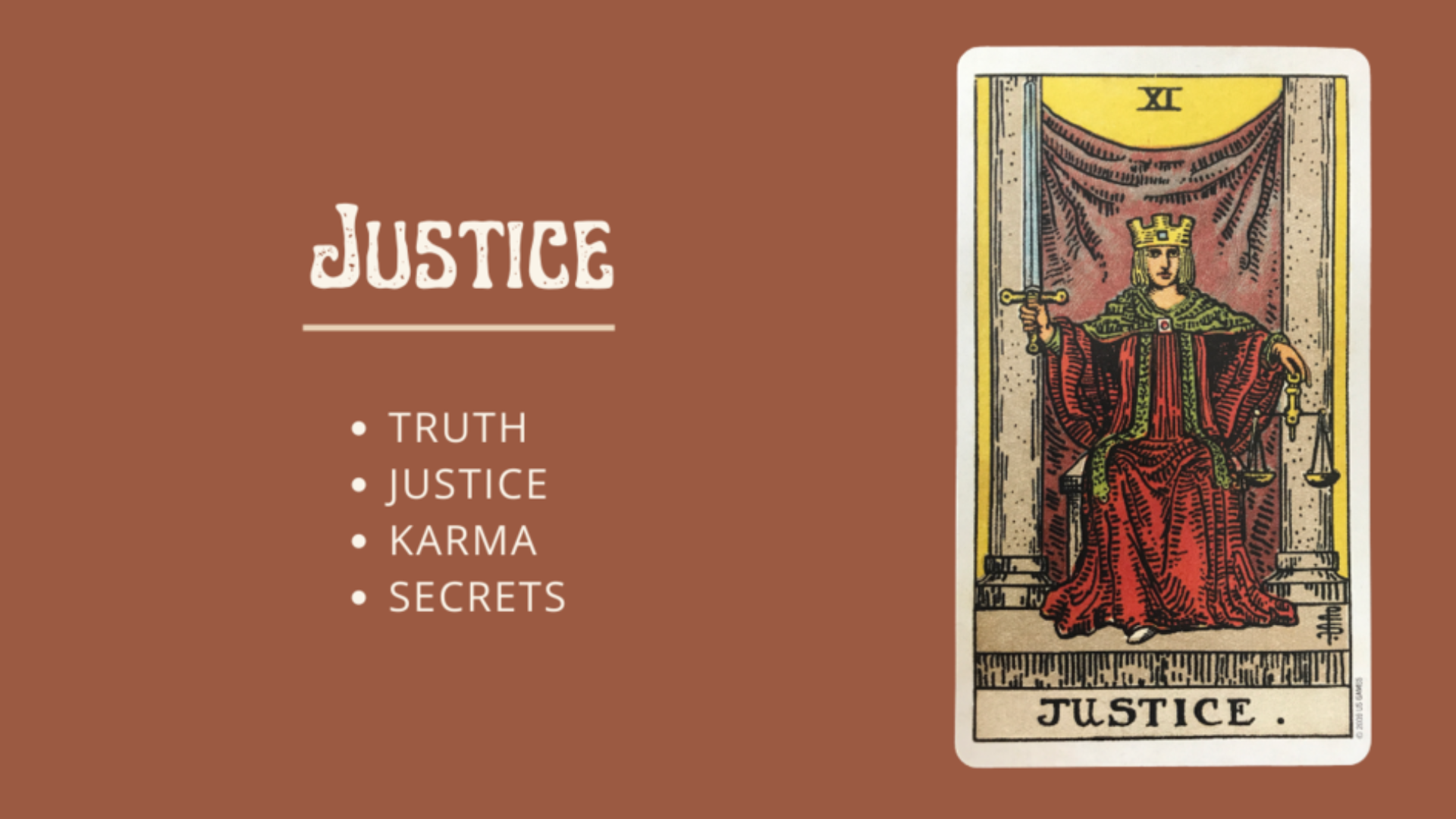 Justice Tarot Card on the right with words Justice Tarot Card Meaning And Significance