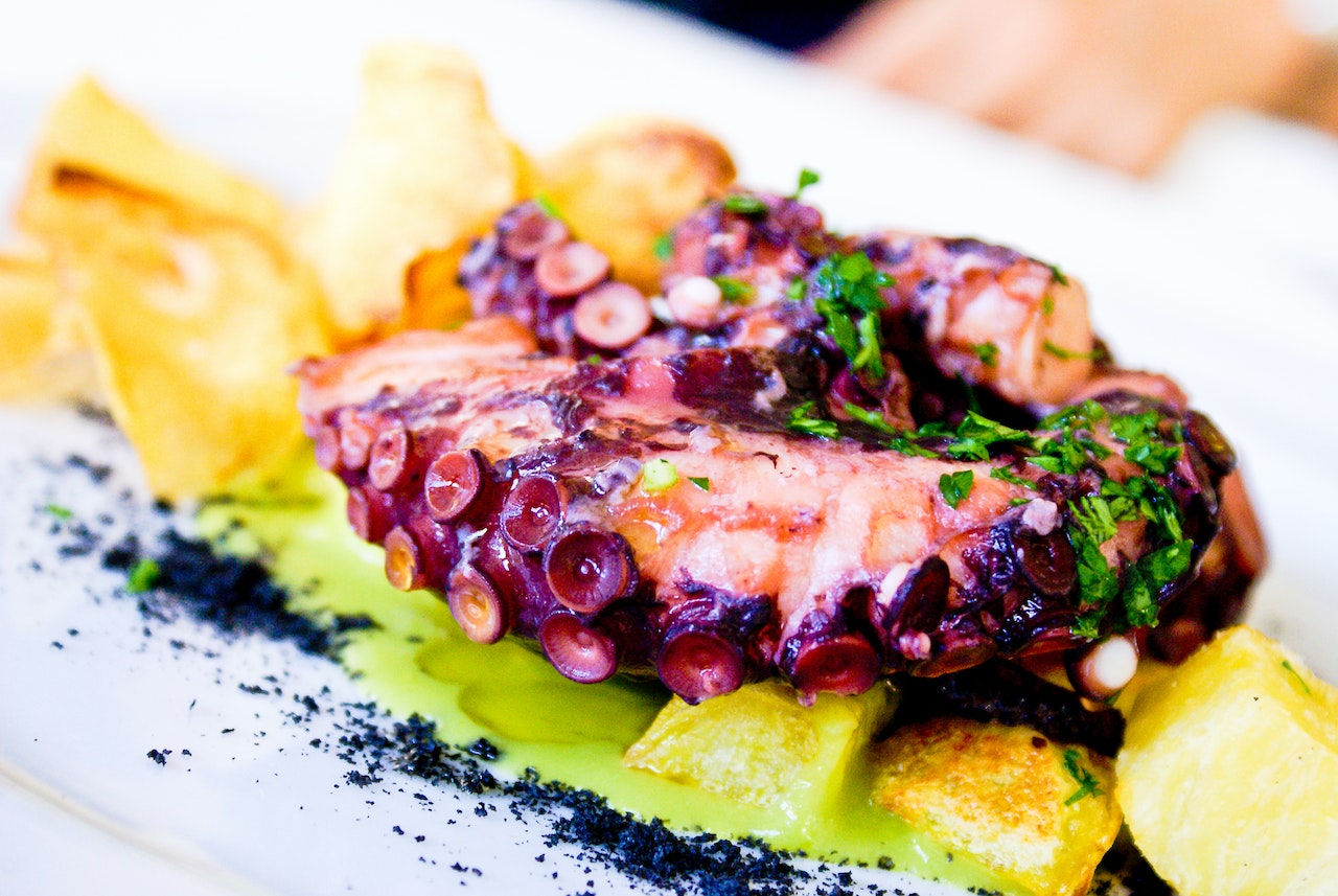 Cooked octopus served on top of potatoes