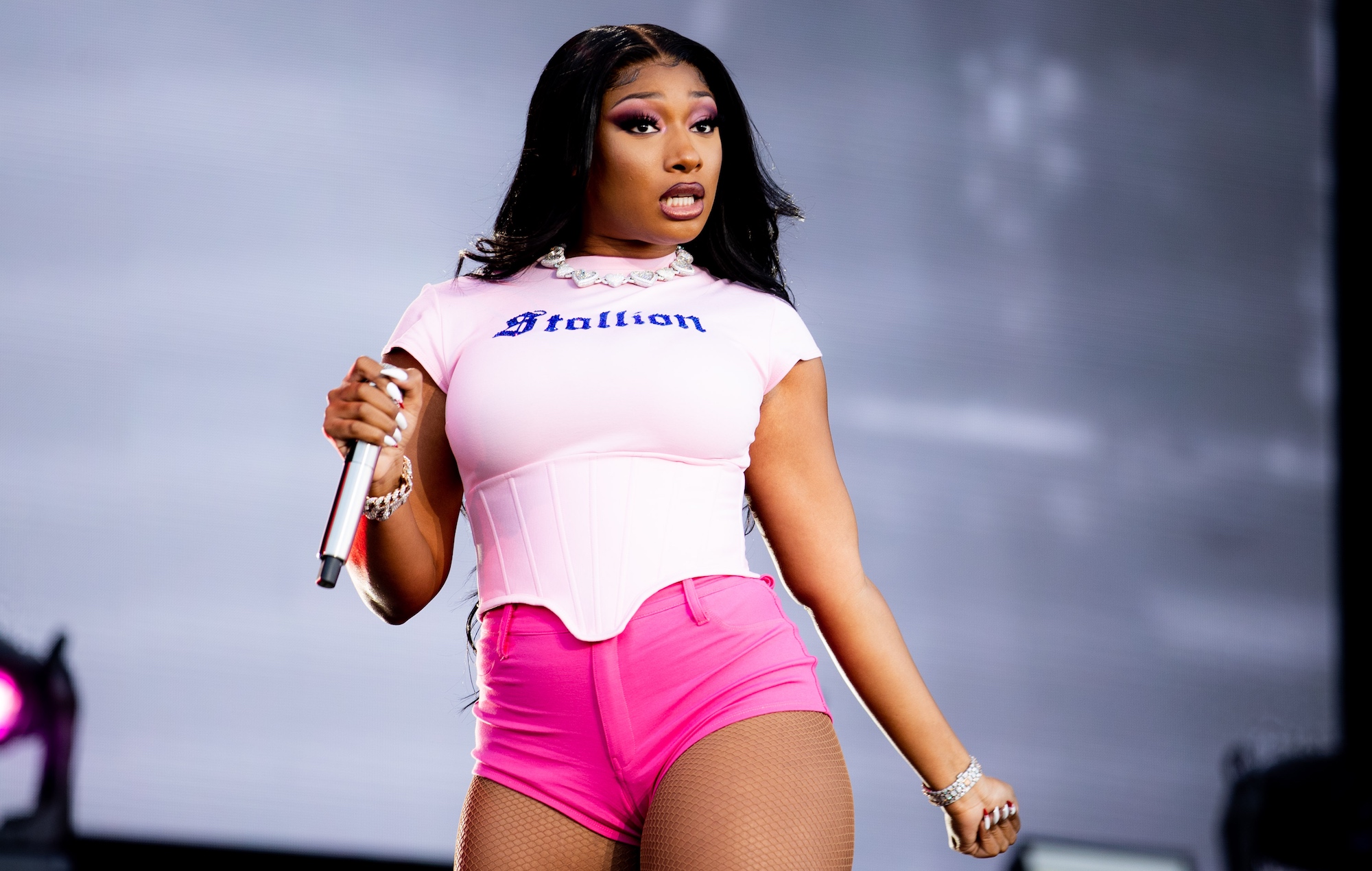 Megan Thee Stallion wearing a pink outfit and holding a mic