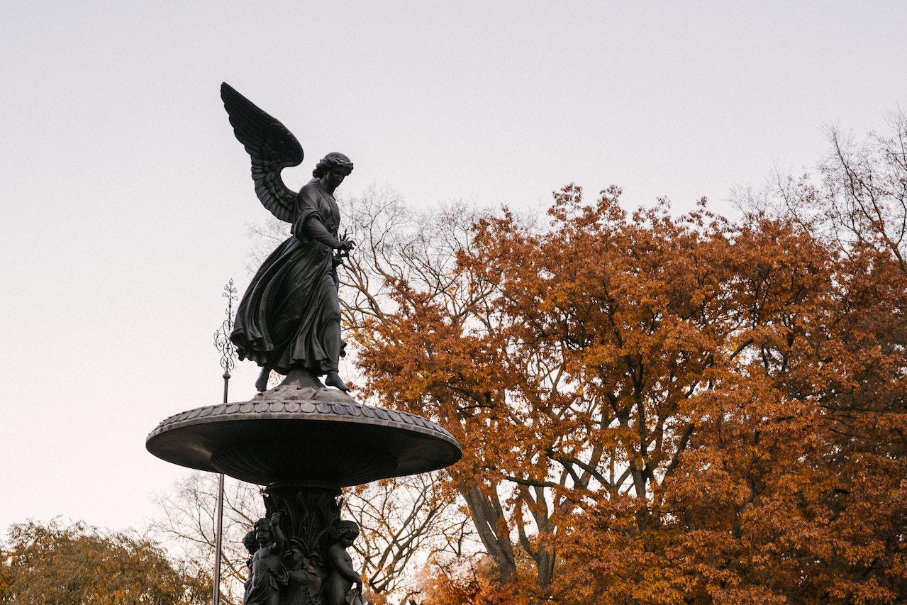 Angel statue and trees during autumn