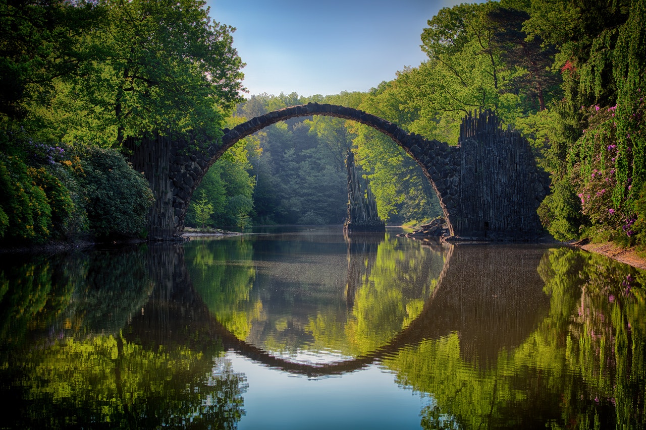 Semi-circle Bridge Over The Lake And Trees