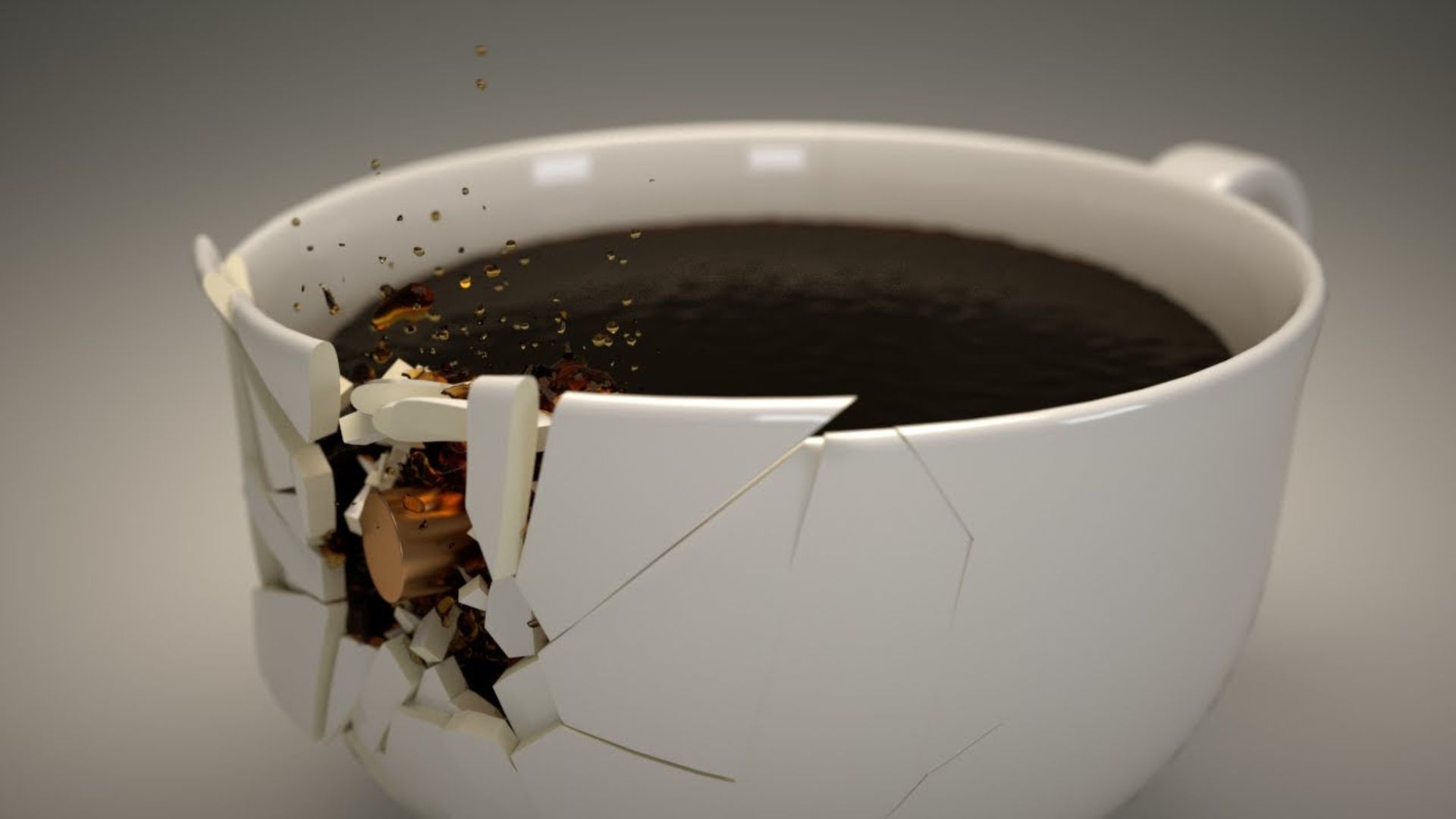 White Cup Filled With Black Liquid Breaking From The Top