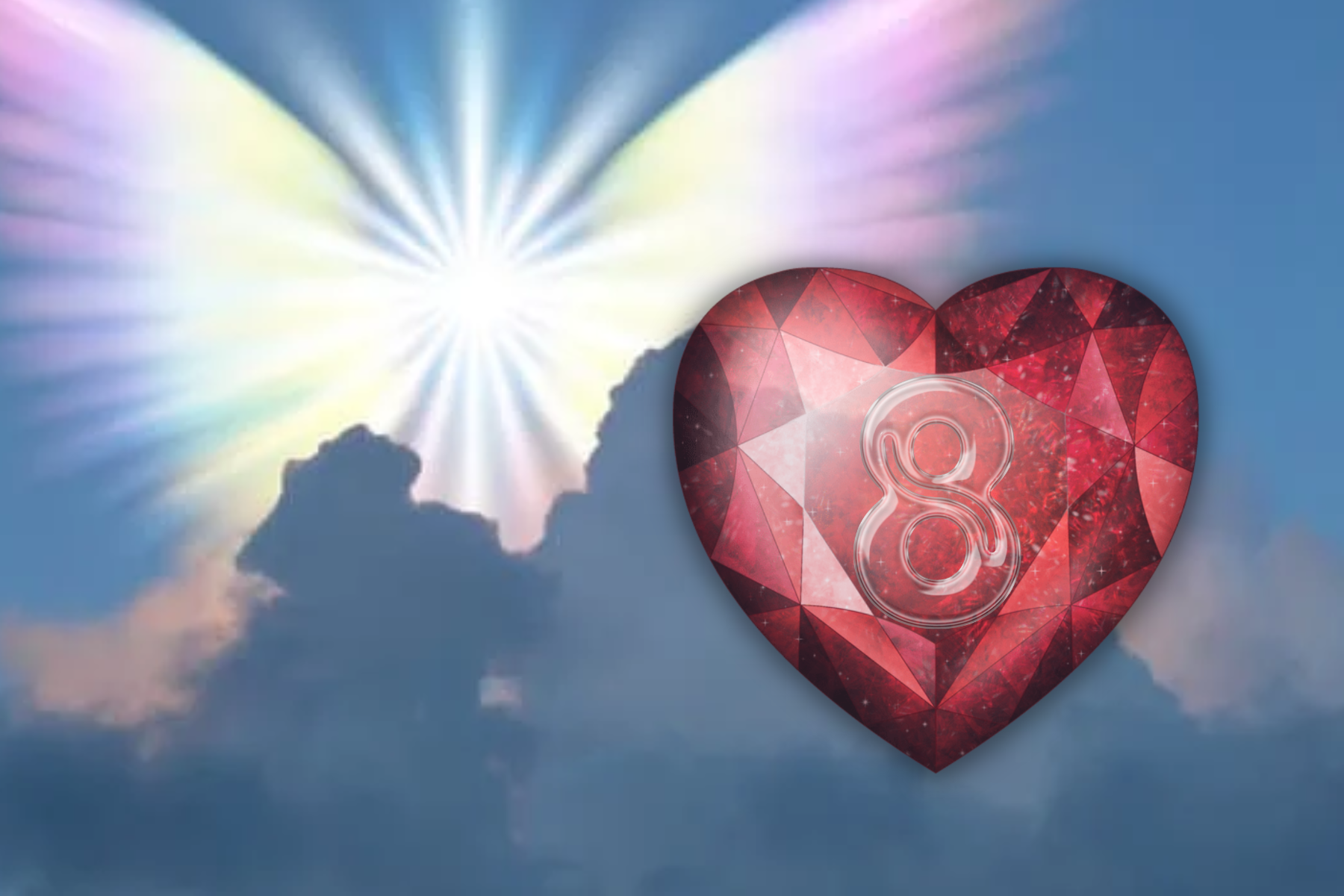A heart-shaped garnet with the number 8 and a heart-shaped angel behind the clouds