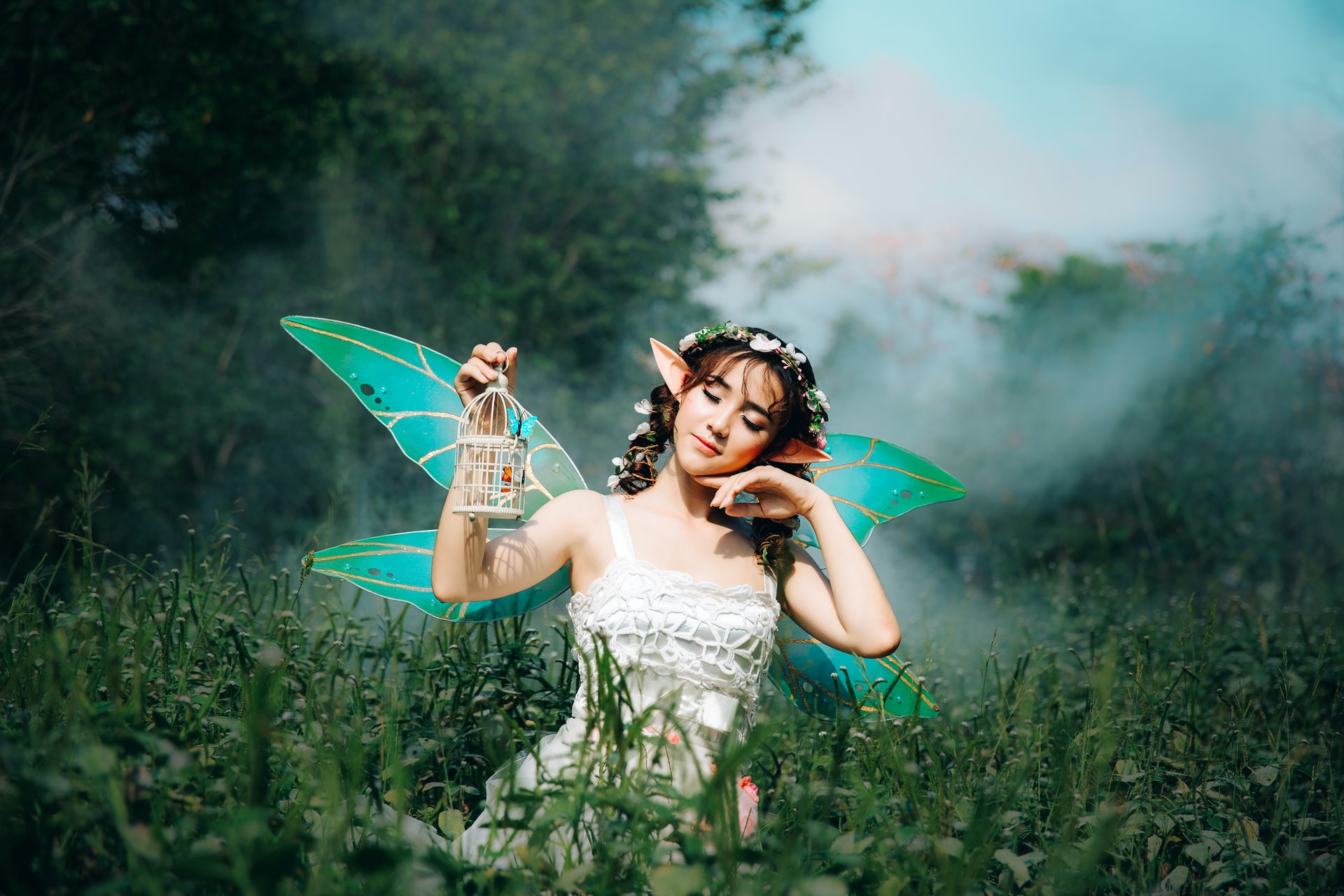 Girl With Green Wings In Grassy Field