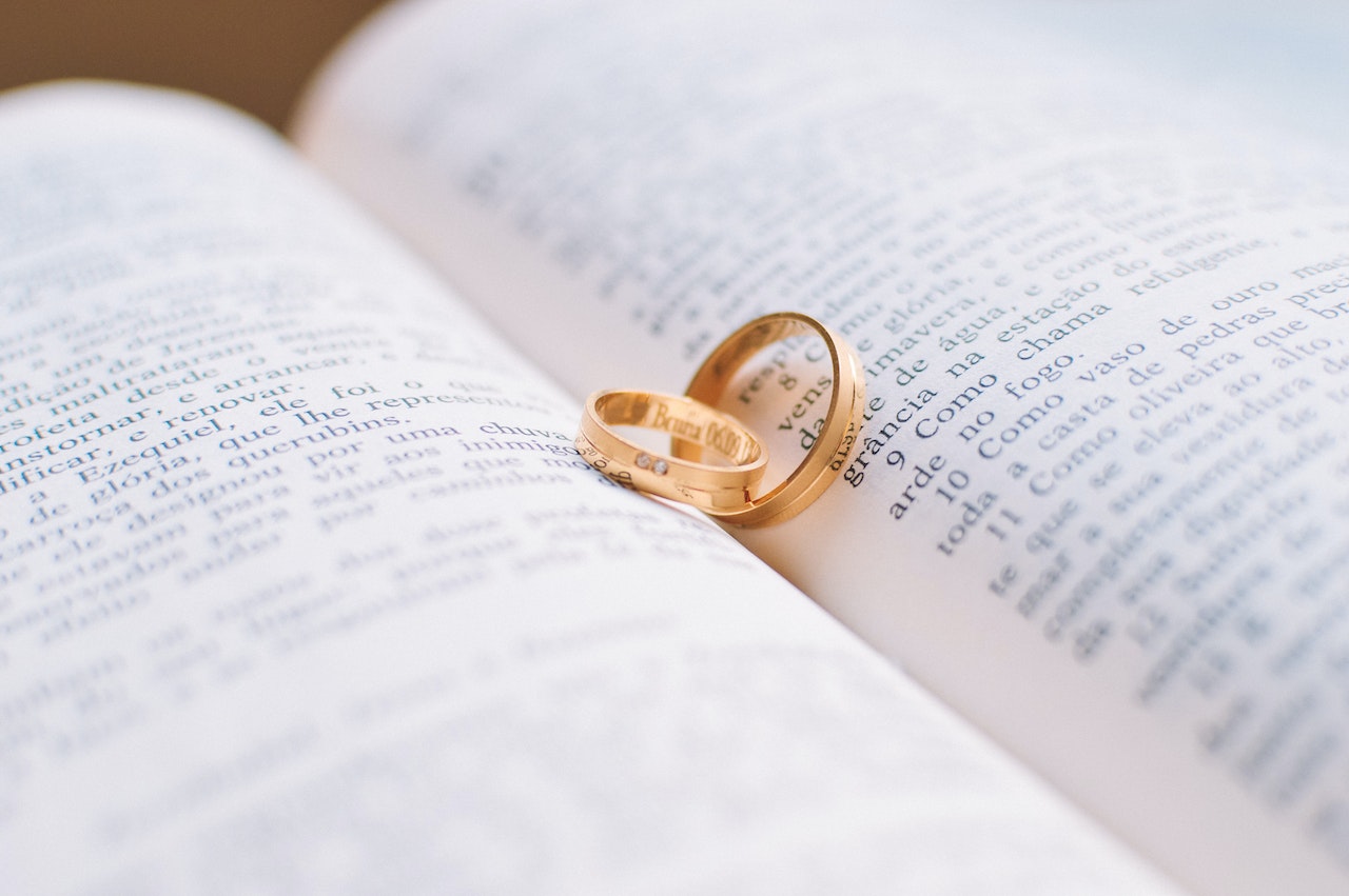Gold-colored Wedding Bands on Book Page