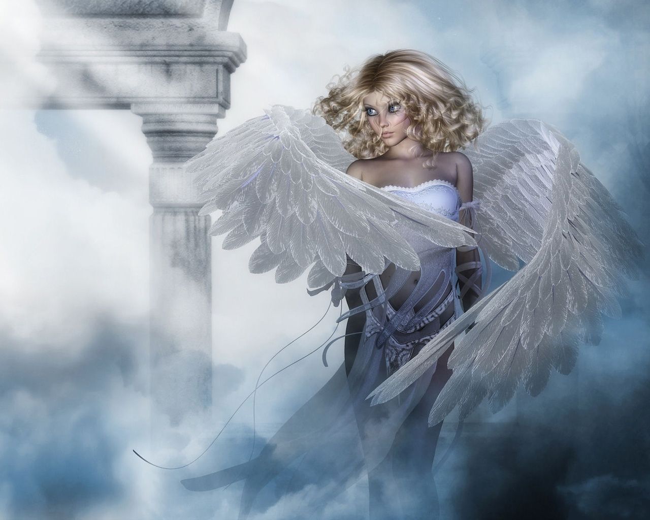 Girl With Angel Wings In Clouds