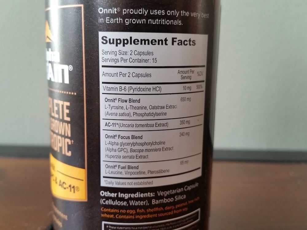 The back of the Alpha Brain bottle showing the supplement ingredient label