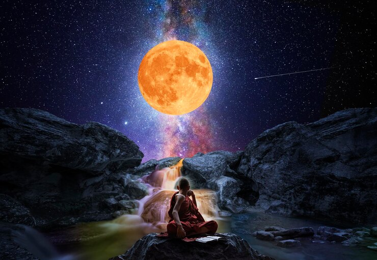 Buddhist monk in front of the full moon