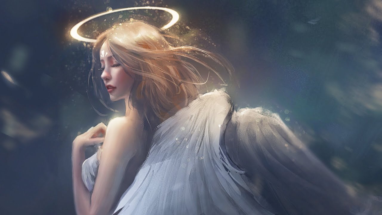 Girl With Golden Hair, Halo, And White Wings