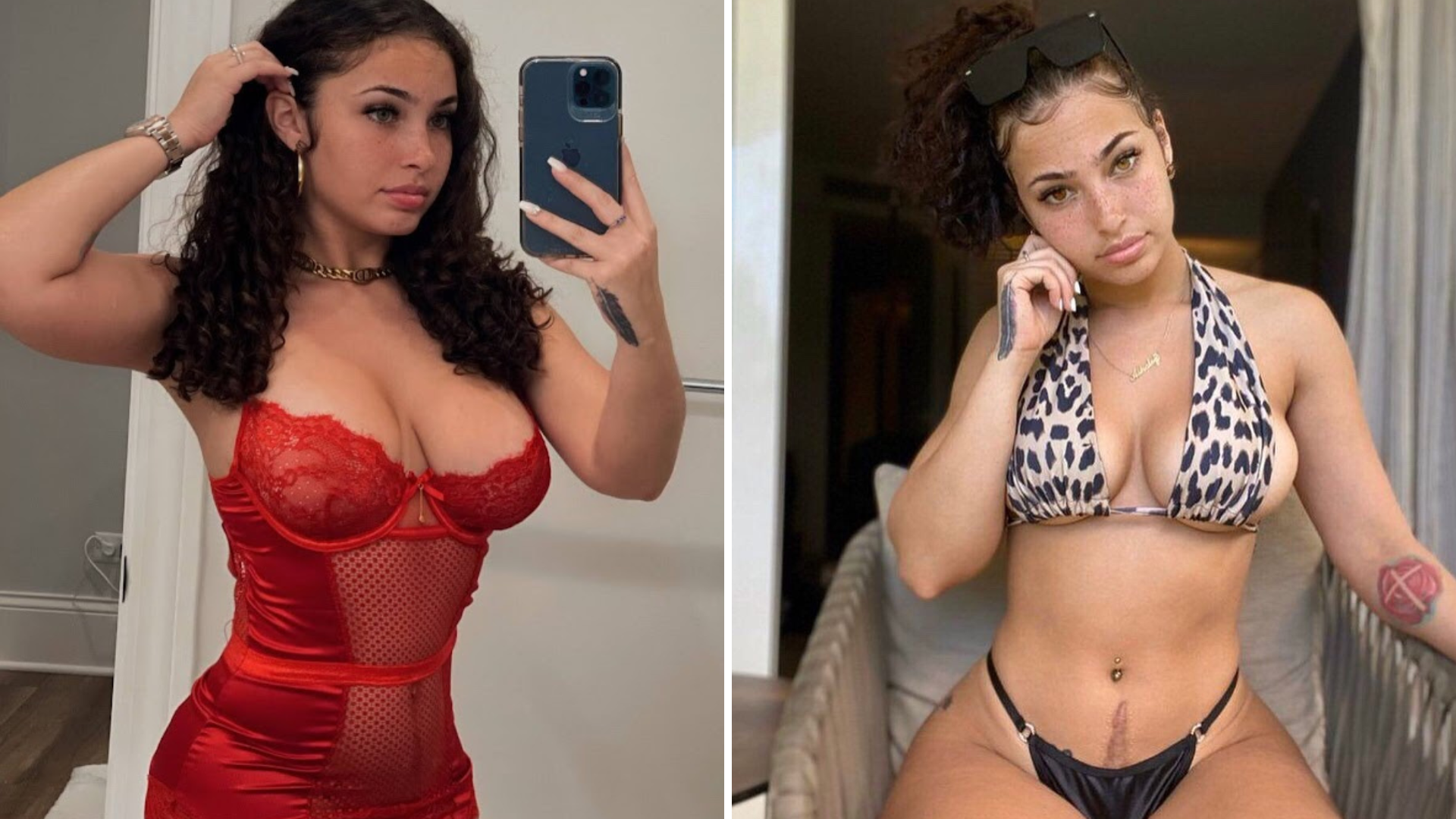 Ash Kaash in sexy red lingerie on the left and black bikini on the right