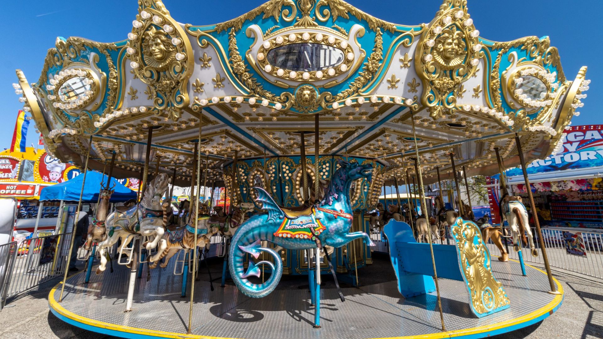 A beautiful blue and gold carousel