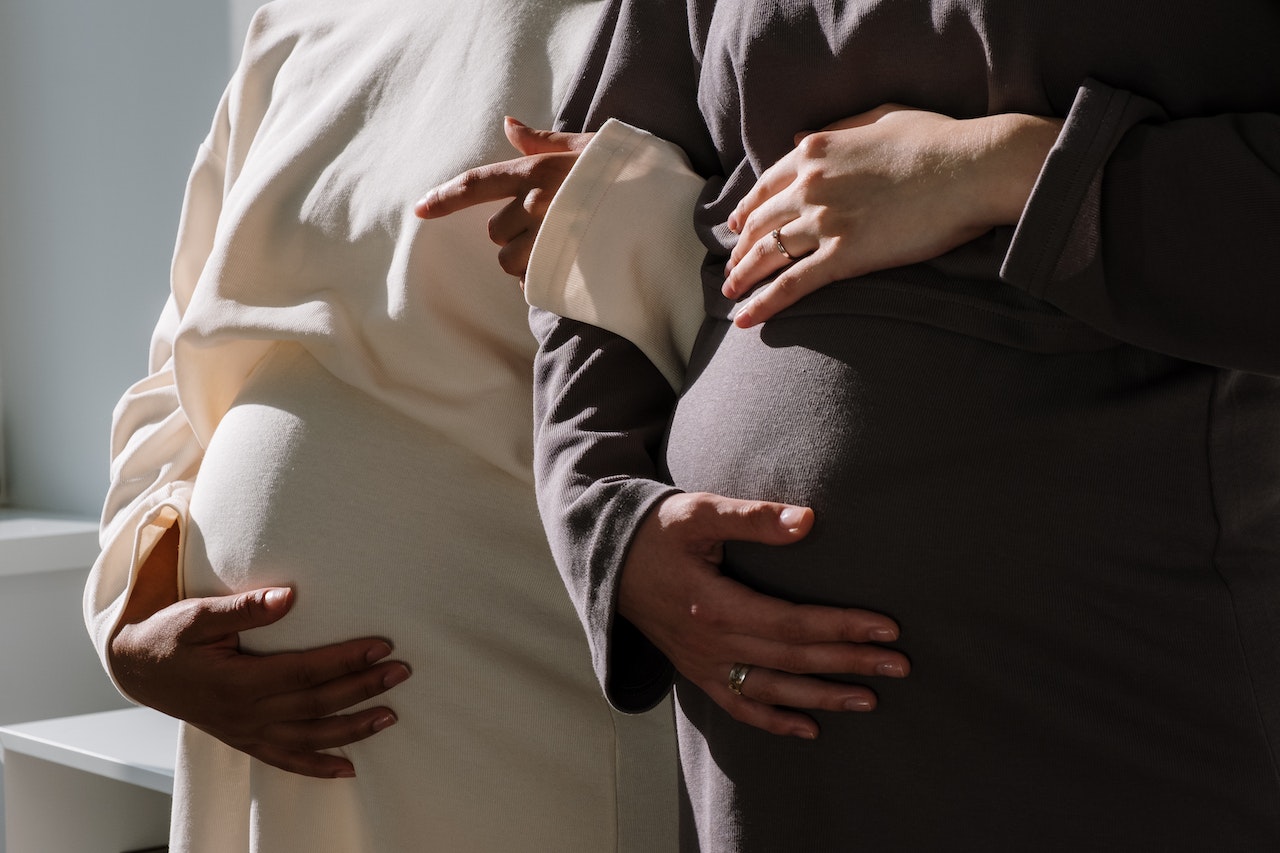 Two Pregnant Woman In Long Sleeve Dresses