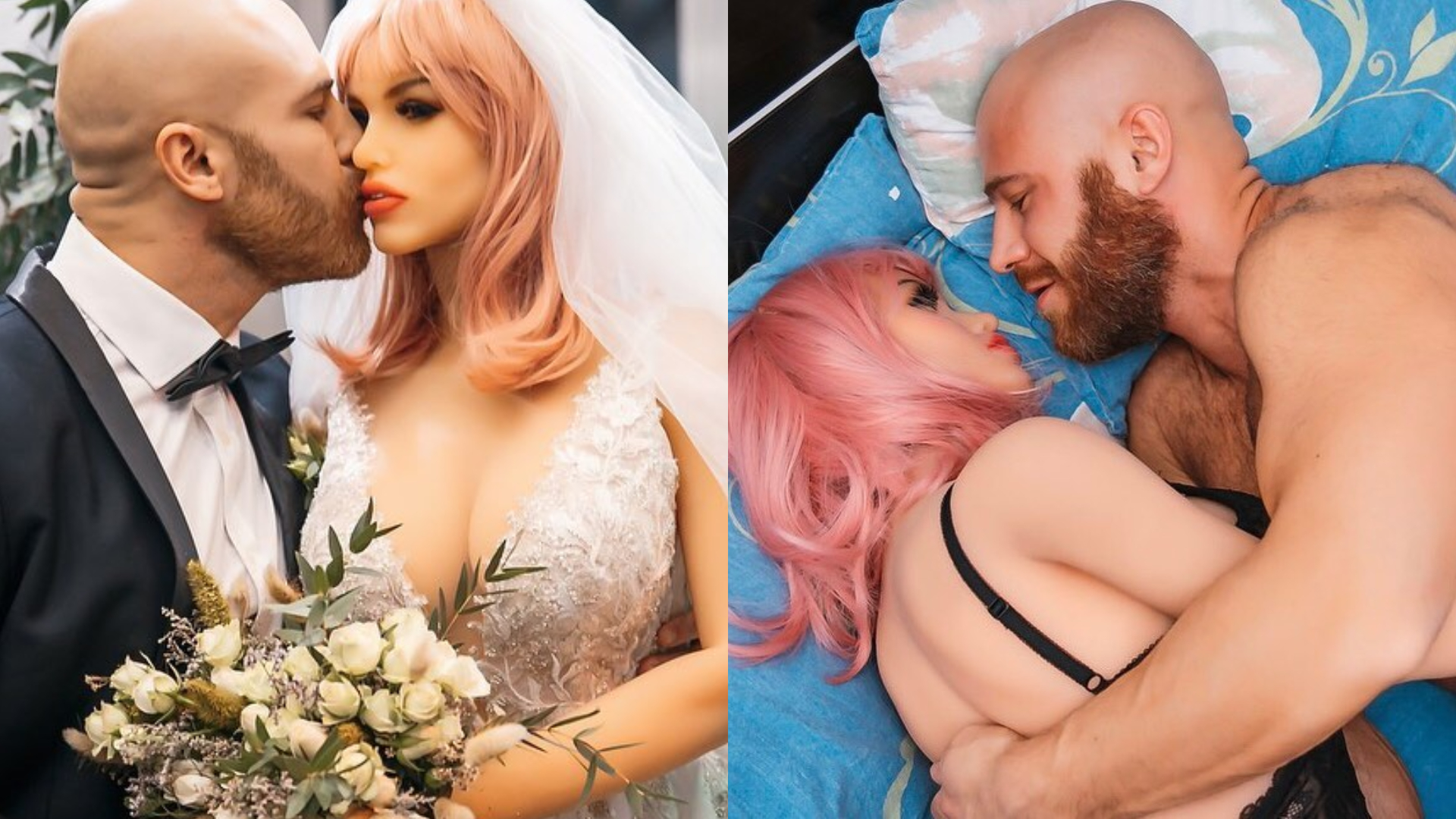 A men kissing a sex doll wearing a wedding dress on the left and hugging it on the right side