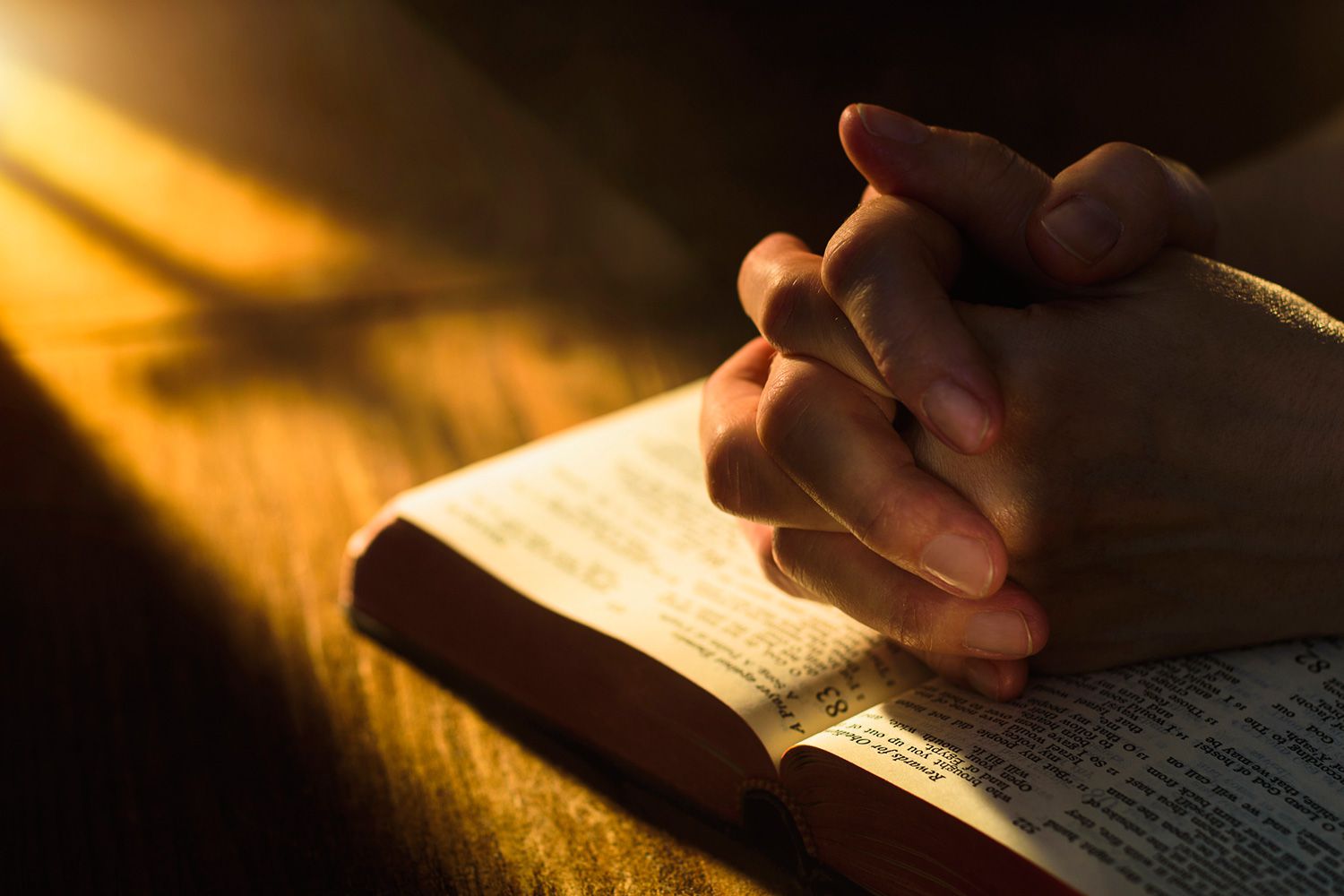 Hands praying on a bible