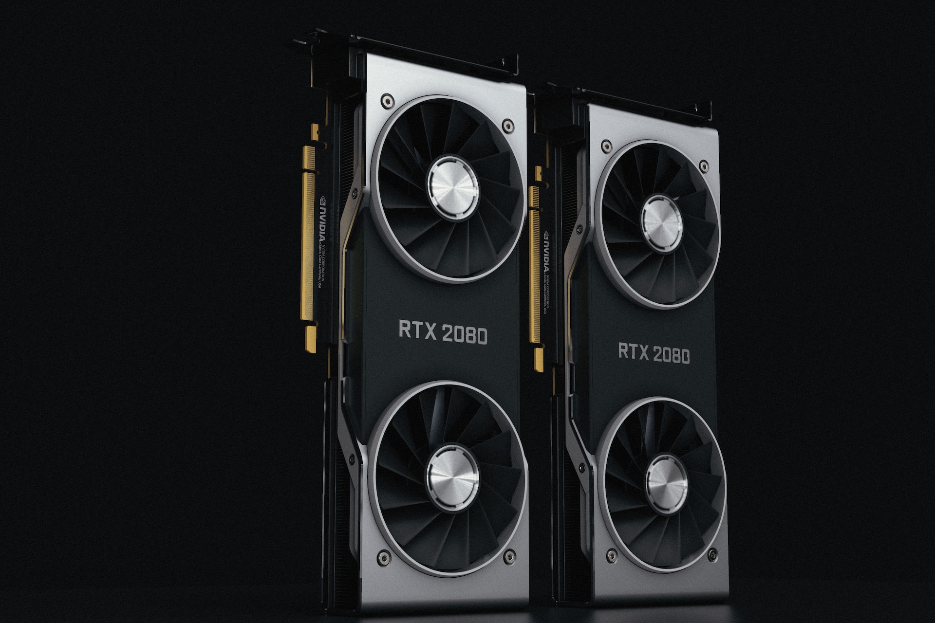 A pair of black RTX 2080 NVIDIA graphics card