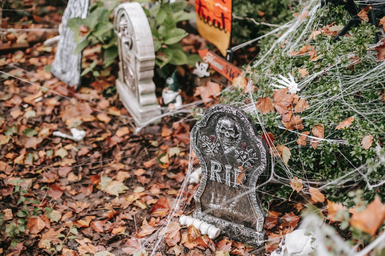 Yard decorated with gravestones on Halloween