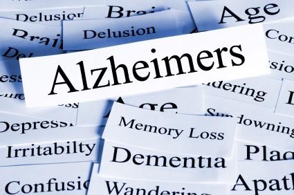 The word Alzheimers written boldly in the middle surrounded by other words related to the disease