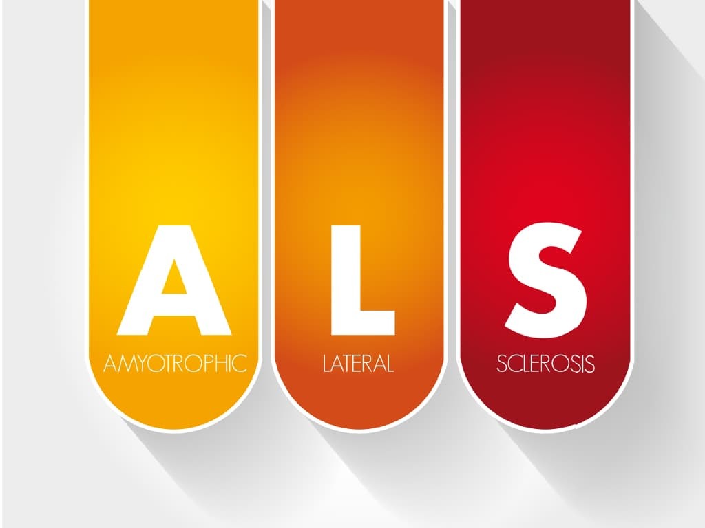 The letter ALS written in white in a three colored background