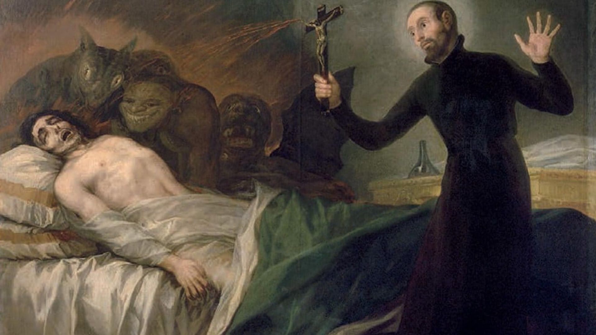 Priest With Cross And A Dead Body On bed