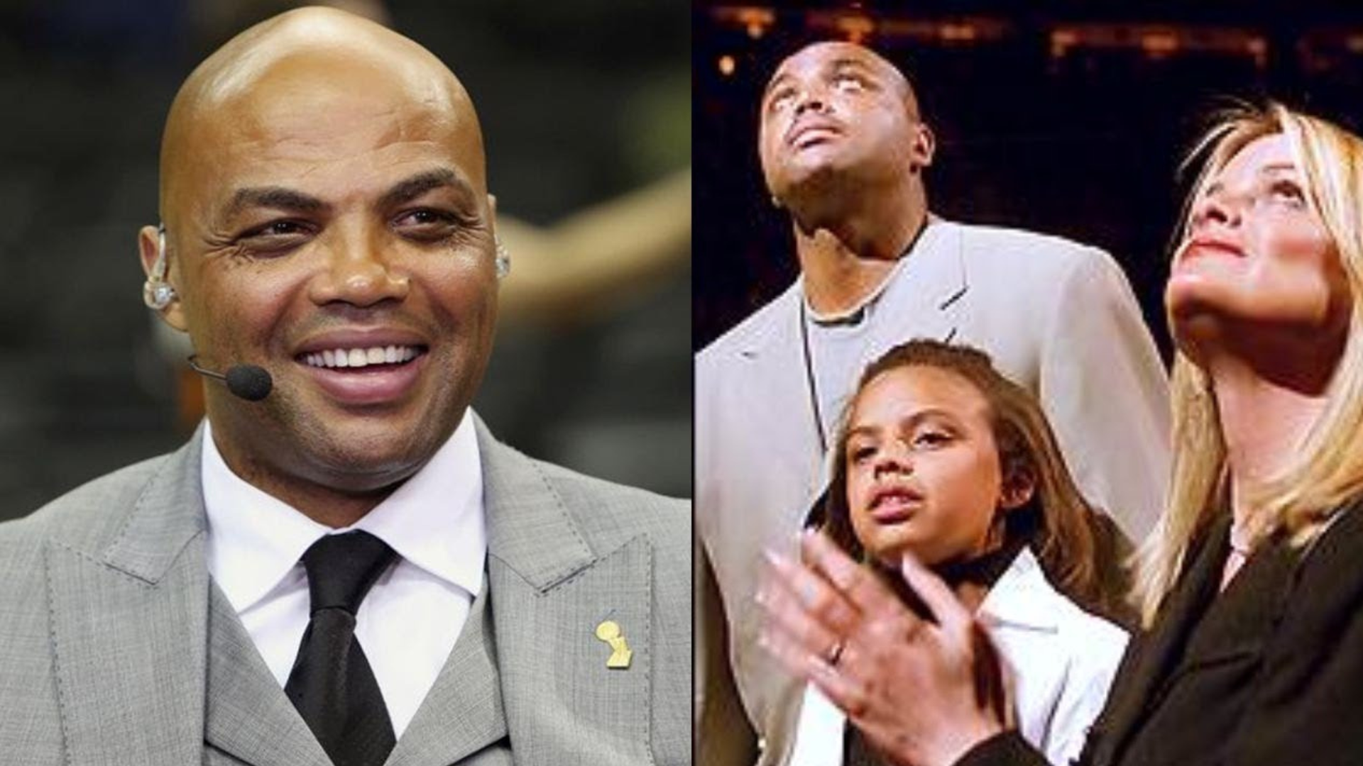 Charles Barkley in gray coat and him with his wife Maureen Blumhardt and daughter on the left