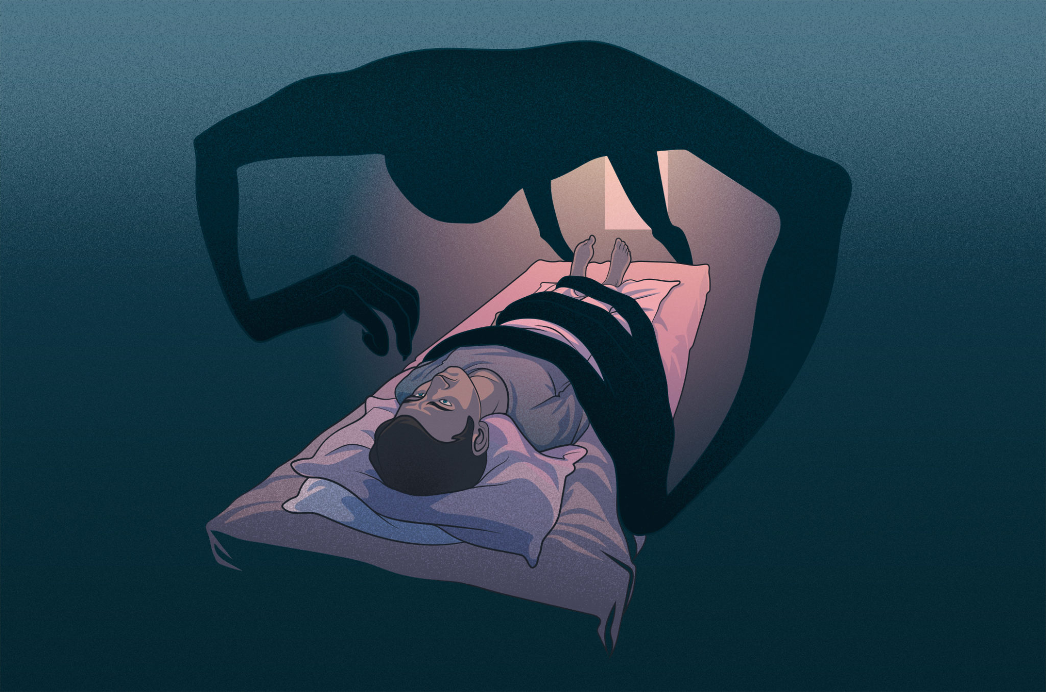 View of a man sleeping in bed while scary thing is holding him.